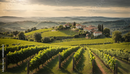 Picturesque and charming hilltop vineyard  with a panoramic view of the surrounding countryside - AI Generative