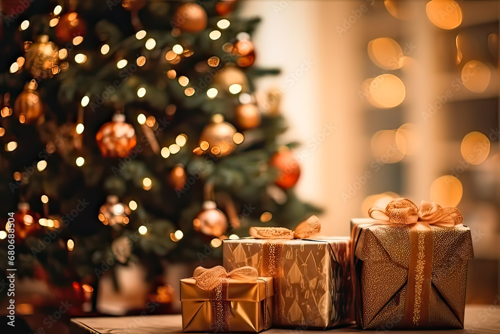Christmas decorations and gifts on a festive background