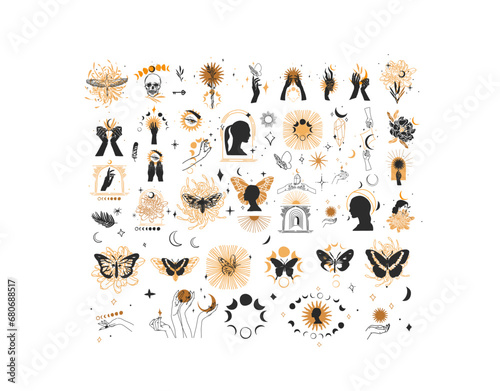 Hand drawn vector abstract graphic line illustration elements collection set,magic crescent,butterfly,flowers,frames,moon and human hands isolated. Mystical celestial esoteric magic design concept.