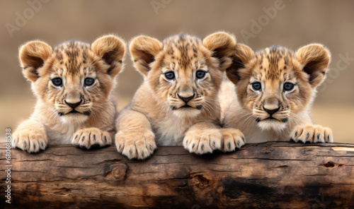 Close-up of three cute lion cubs