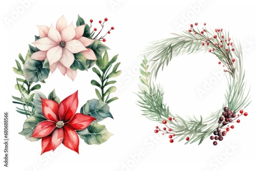 Two Cute watercolor Christmas wreaths from green twigs, mistletoe branches and flowers isolated on white background. Decoration for Christmas and New Year. Illustration for greeting cards, invitation © Jafree