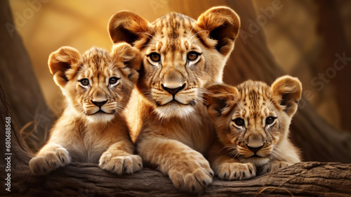 Close up of a female lion with two cubs