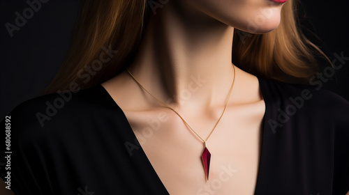 delicate golden necklace with a rubypendant worn by a model in a black evening dress, closeup on black background