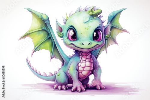 Watercolor Dragon Zombie. Cute cartoon fairy tale green purple baby dragon with open wings  smiles. Illustration isolated on white background. Perfect for fantasy book covers  postcards  scrapbooking.