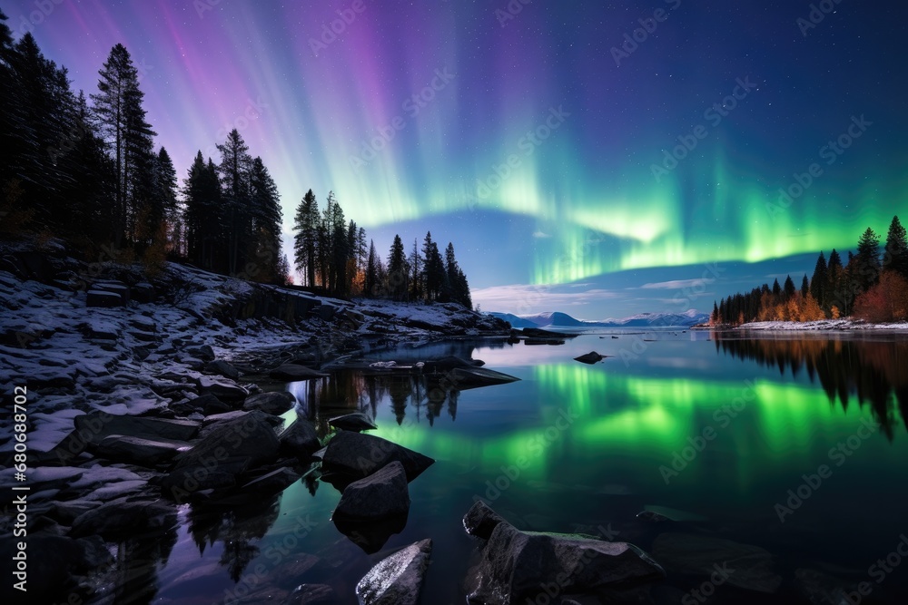 Aurora borealis light on the sky at beautiful place. Background Generative AI
