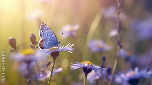 Butterfly on flowers in the meadow. Nature background