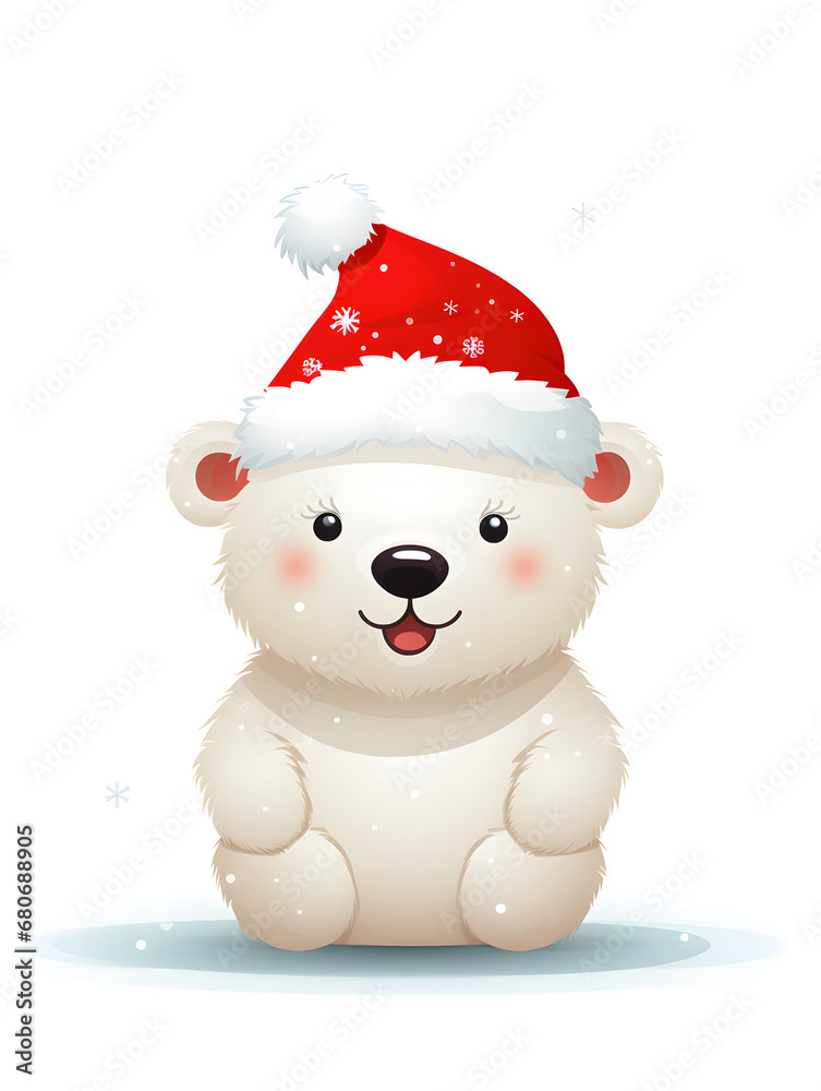 Illustration of a cute white bear with red Christmas hat, isolated on white background