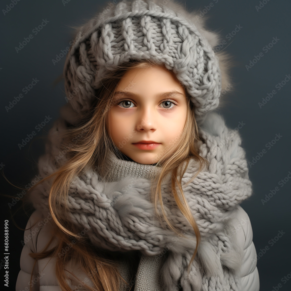 Little girl dressed warmly in a woolen hat and scarf. Winter time. AI generated Little girl dressed warmly in a woolen hat and scarf. Winter time. AI generated