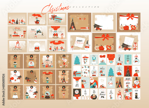 Hand drawn vector abstract fun Merry Christmas time cartoon illustrations greeting cards template and backgrounds big collection set with gift boxes,people and Xmas tree isolated on color background.