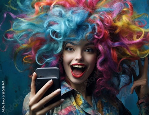 Colorful Hair and a Modern Connection: A Woman Embracing Her Cell Phone and Individuality