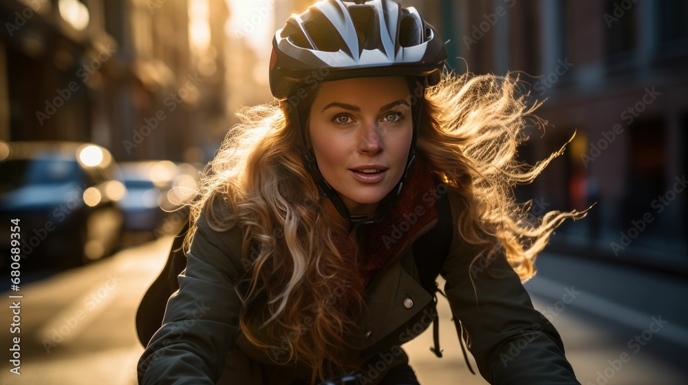 The woman, wearing her helmet in accordance with safety rules, rides a bicycle on the streets of the city. The woman, wearing her helmet in accordance with safety rules, rides a bicycle on the streets of the city.