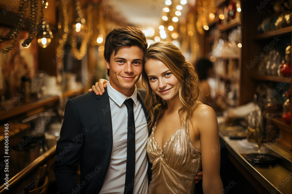 A stylish young couple dressed in elegant evening wear smiling warmly at a festive indoor event.