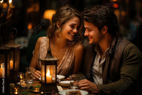 A young couple enjoying a romantic candlelit dinner at a cozy restaurant, sharing a moment of laughter and intimacy.