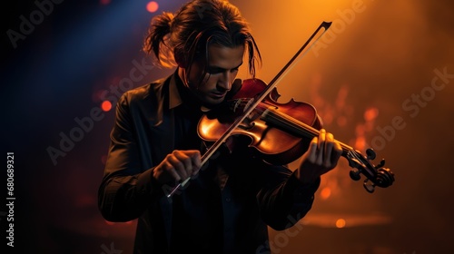 Stylish violinist in a suit performing on a flaming stage.