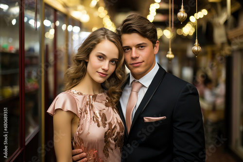 A young, elegant couple dressed in formal wear posing in a luxurious restaurant setting.