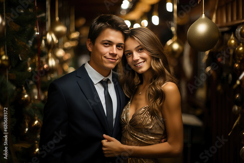 Elegant young couple dressed up for a festive Christmas celebration, embracing and smiling warmly in a decorated interior.