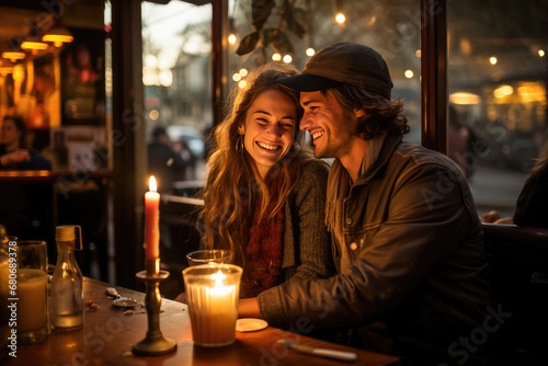 A joyful couple sharing an intimate candlelit moment at a restaurant, radiating happiness and love.