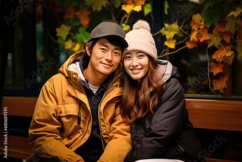 Happy young couple in autumn outfits smiling and embracing while sitting in a park with colorful fall leaves. © apratim