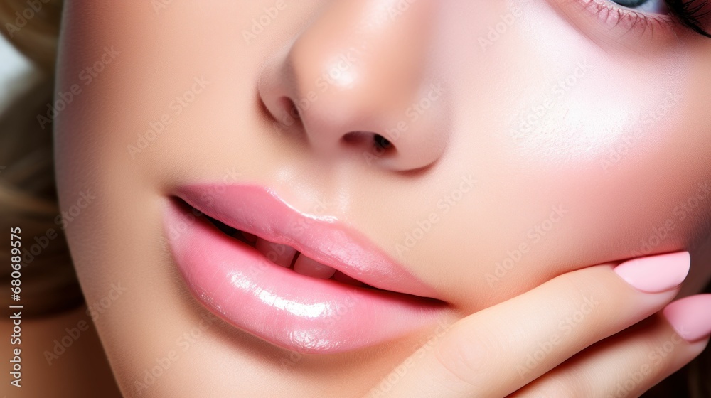 Fototapeta premium Photograph of a female model with clean and healthy skin touching her face, taken on a studio background.