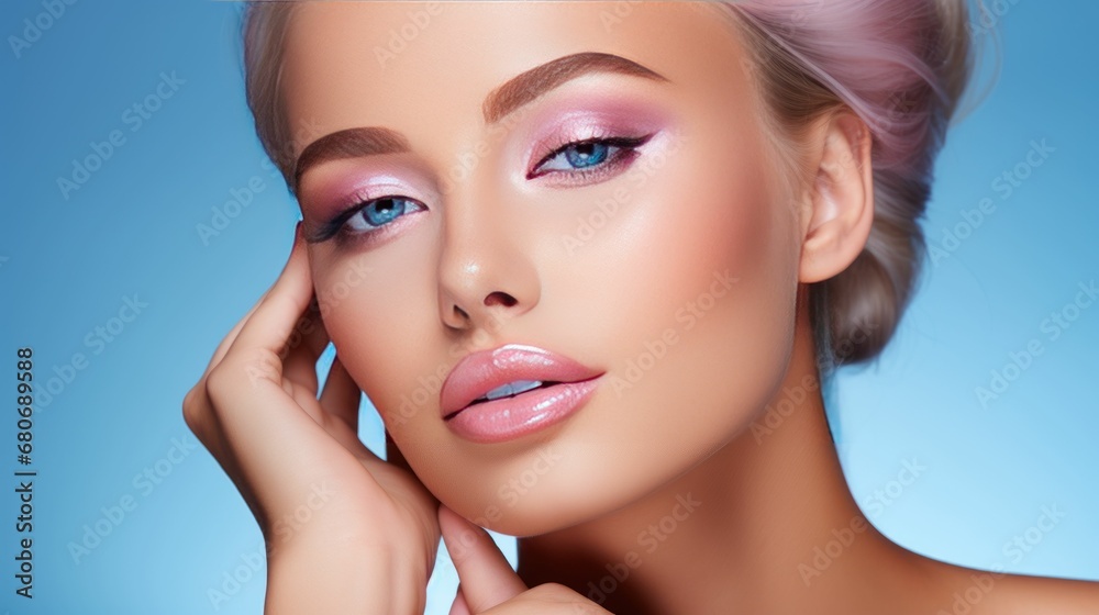 Photograph of a female model with clean and healthy skin touching her face, taken on a studio background. Photograph of a female model with clean and healthy skin touching her face, taken on a studio background.