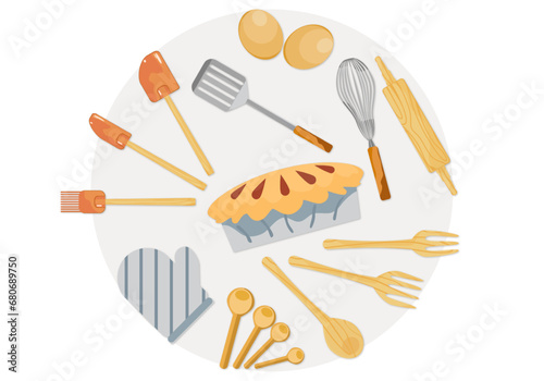 Illustration for cooking and baking kitchen utensils ingredients. Chocolate, eggs. Flour. Kitchen utensils and dessert baking ingredients vector set. Separate equipment and tools for cooking.