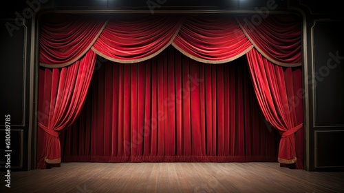 Theater stage. Background with copy space. Cultural leisure and event. Red curtains and interior.