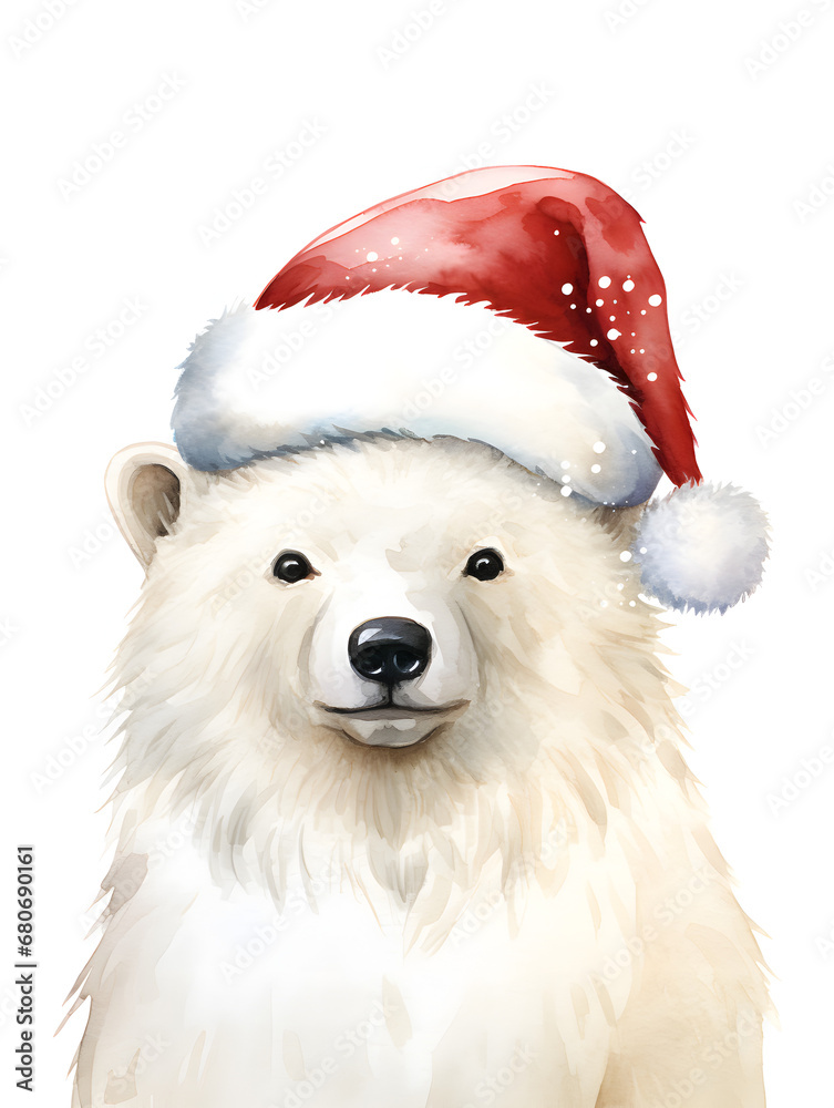 Watercolor illustration of a cute white bear with red Christmas hat, isolated on white background Watercolor illustration of a cute white bear with red Christmas hat, isolated on white background