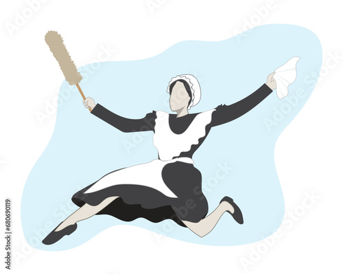 vector of a female household assistant wearing 19th century European style black and white clothes with a happy expression while working and holding a clean cloth and tools made from chicken feathers