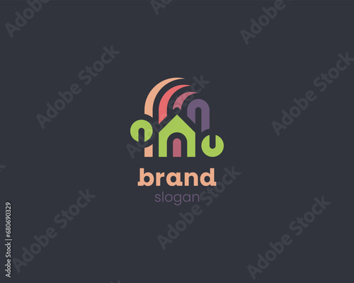 Creative colorful modern house with little tree logo