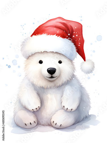 Watercolor illustration of a cute white bear with red Christmas hat, isolated on white background
