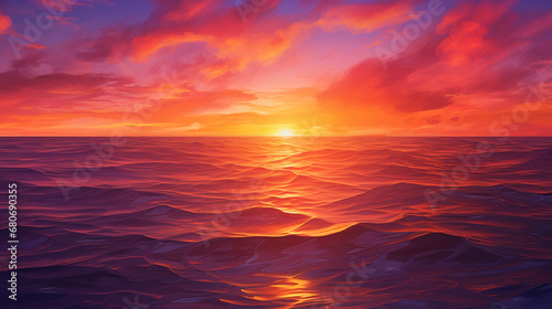 Abstract art of a fiery orange and purple sunset, blending geometric shapes and fluid forms, set over a tranquil ocean, captivating colors, dramatic atmosphere