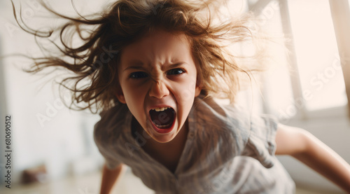 Child in a furious scream, wild hair adding to the emotional turmoil. photo