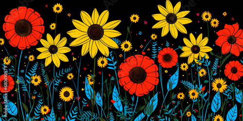 Digital doodle  simplified and whimsical daisies  sunflowers  and poppies  thick black outlines  flat bright colors  minimalist