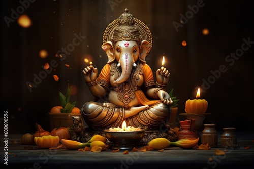 Divine radiance: Lord Ganesha illuminated by the warm glow of ceremonial lamps.