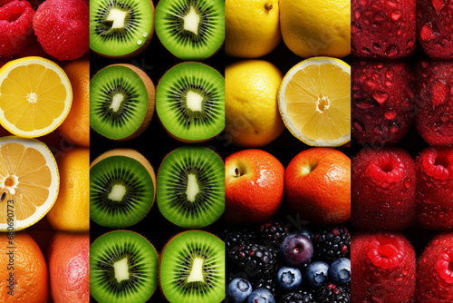 Rainbow colorful mix stripes collage with fresh summer fruit. AI Generative