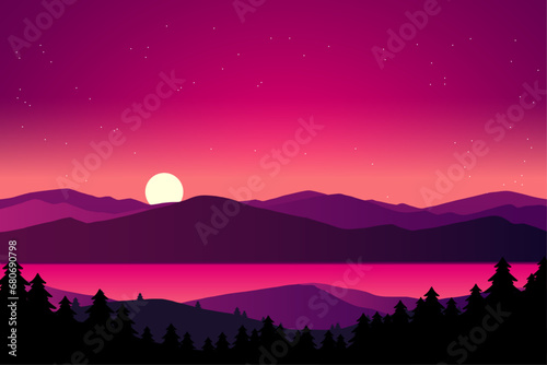 Mountains sunset landscape background with lake and mountains