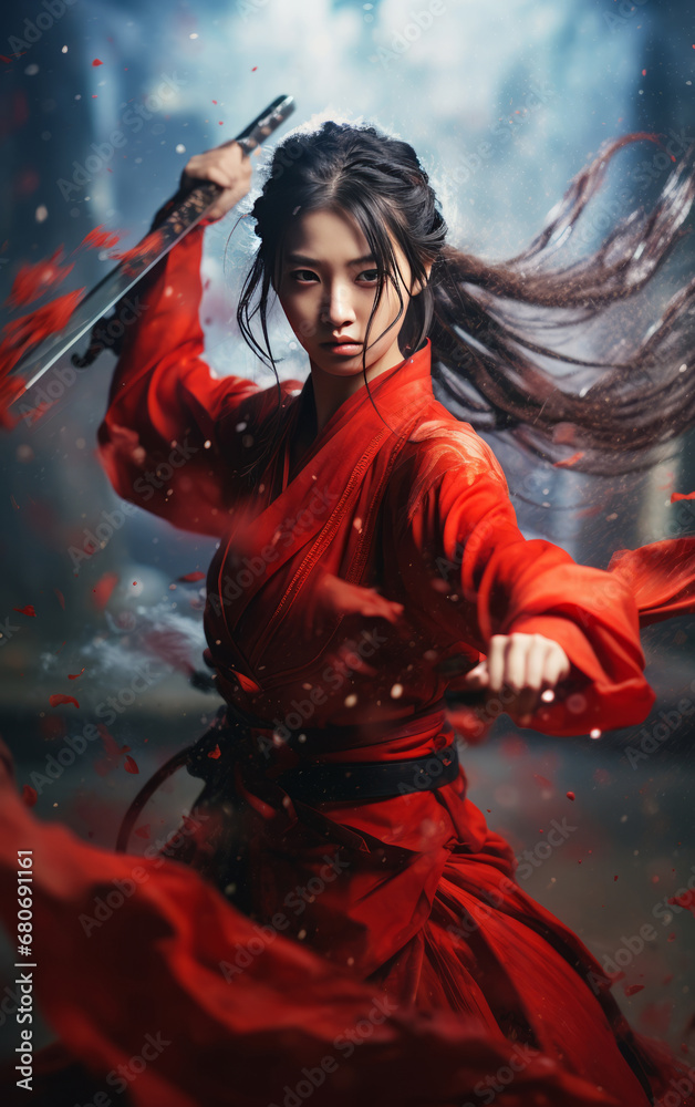 female warrior in traditional East Asian attire