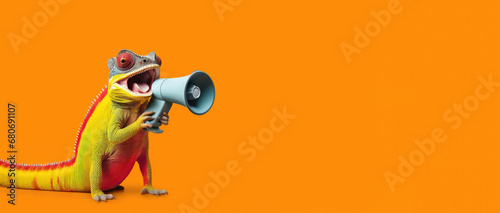 a happy chameleon holding a yellow megaphone speaking in it  with yellow solid background, genertive ai. photo