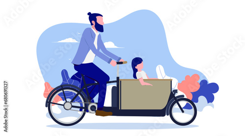 Riding cargo bike with child - Urban male parent riding young child in bike with box in front. Flat design vector illustration with white background photo