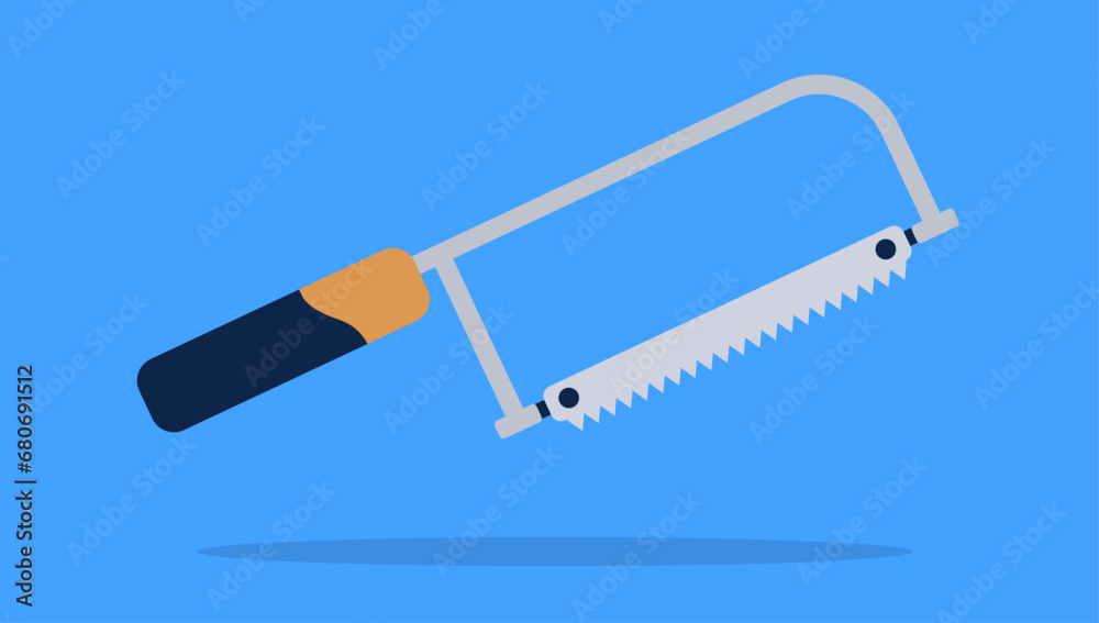 Fototapeta premium Bow saw hand tool vector illustration - Simple vector object in side view flat design, with orange colour on blue background