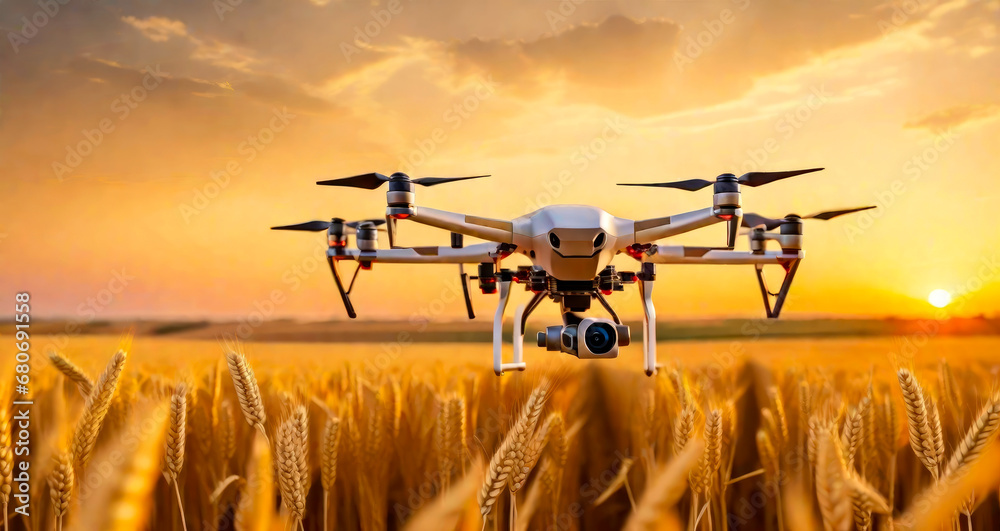 Drone flying over a golden wheat field at sunset. Smart tech used for monitoring the fields in agriculture. Generative ai