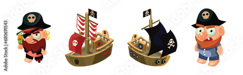 Pirate Object and Element with Man Captain and Ship with Skull Vector Set