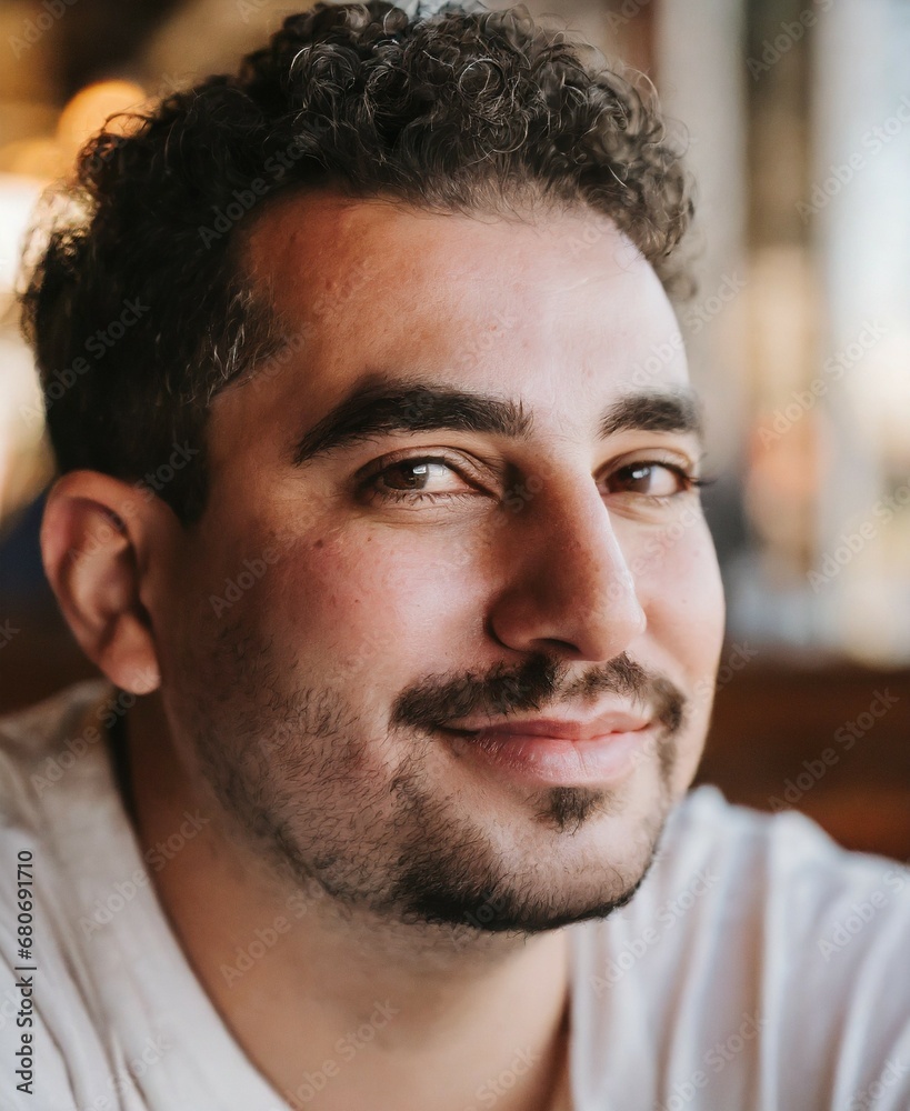 Obraz premium Chubby man smiling face closeup, sitting at restaurant