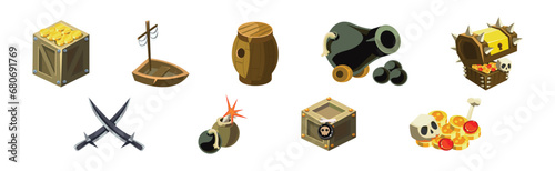 Pirate Object and Element with Ship, Barrel, Cannon, Treasure Chest, Sword and Dynamite Vector Set