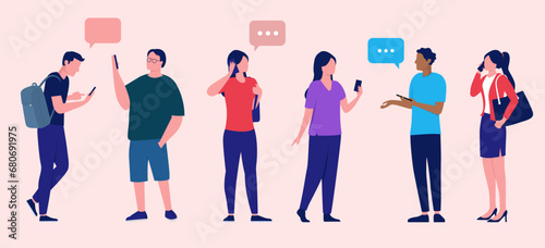 People with mobile phones in hand collection - Set of vector illustrations with various characters using smartphone, looking at screen and talking with speech bubbles in flat design graphic