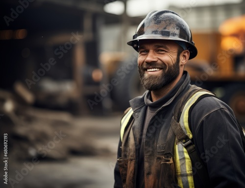 The Joyful Construction Worker: A Smiling Man Wearing a Hard Hat and Overalls