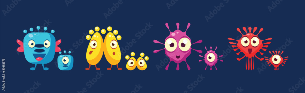 Funny Microorganism and Virus with Tentacles Vector Set - obrazy, fototapety, plakaty 