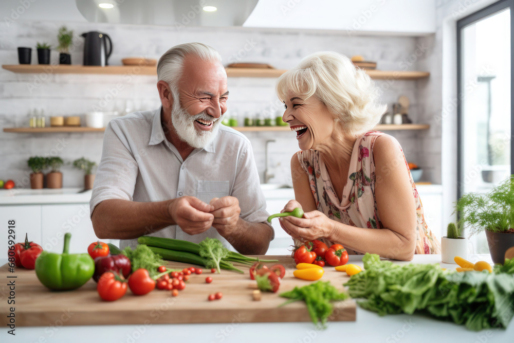 Happy seniors couple prepare vegan food at home in modern trendy design kitchen Happy seniors couple prepare vegan food at home in modern trendy design kitchen