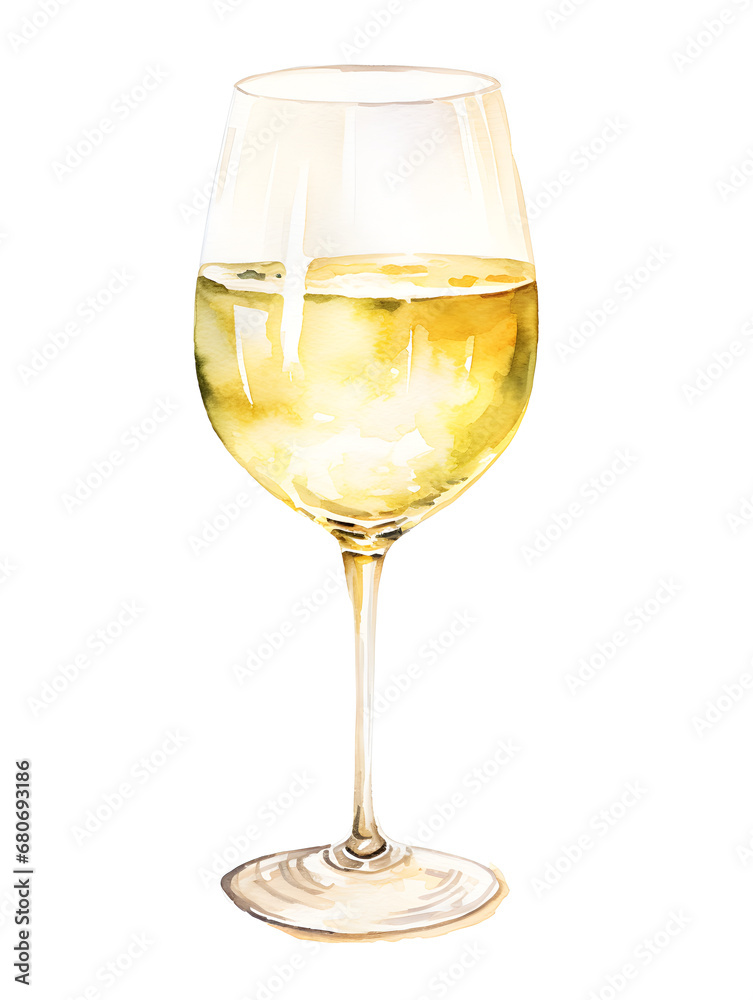 Watercolor illustration of red wine glass isolated on white background 
