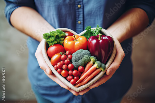 manos sosteniendo entre sus manos un cuenco en forma de corazón con frutas y verduras. concepto cuidado de la salud
